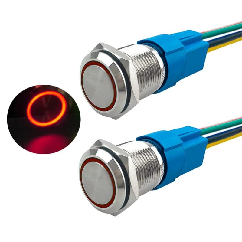 Aiqeer 2 Pièces 16 mm Commutateur Bouton-Poussoir Momentané, 12V / 24V 5A Interrupteur à Bouton-Poussoir en Acier Inoxydable Éta