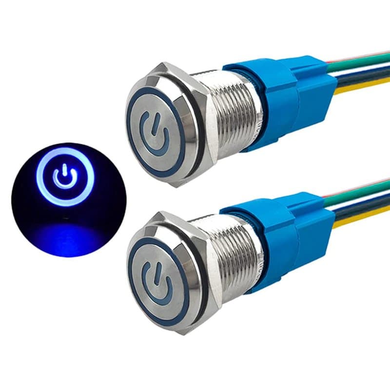 Aiqeer 2 Pièces 16 mm Commutateur Bouton-Poussoir Auto-Bloquant, 12V / 24V 5A Interrupteur à Bouton-Poussoir en Acier Inoxydable