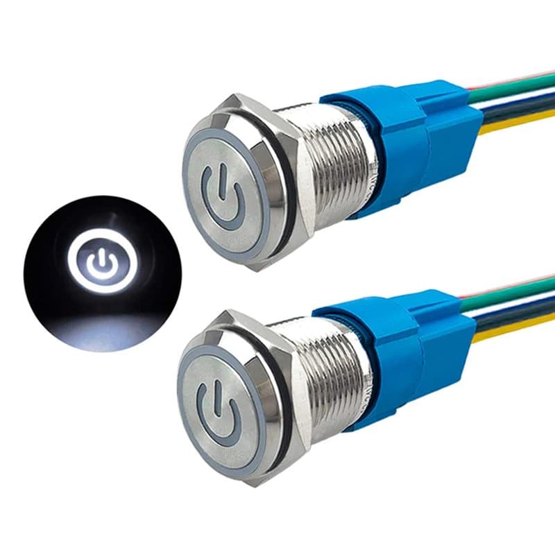Aiqeer 2 Pièces 16 mm Commutateur Bouton-Poussoir Auto-Bloquant, 12V / 24V 5A Interrupteur à Bouton-Poussoir en Acier Inoxydable