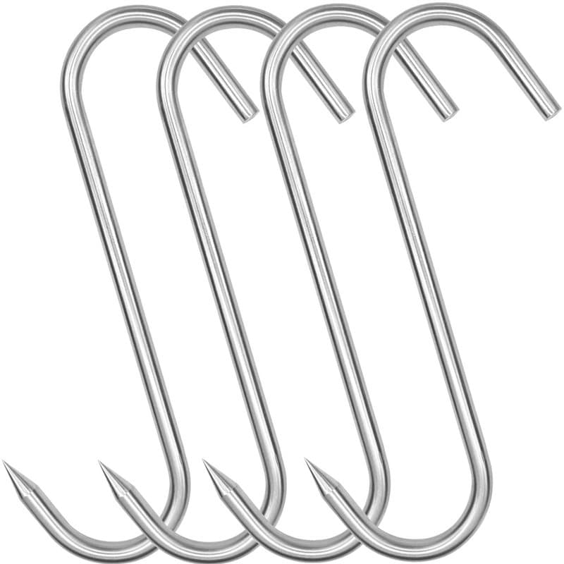 Grizef Lot de 4 crochets en S en acier inoxydable robuste 200 mm x 8 mm pour boucher, agriculteur, chasseur (4 pièces, 8 mm) (20
