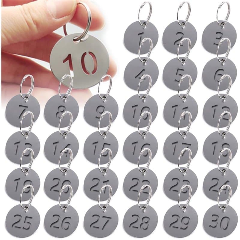 30PCS Porte Cles Etiquette, BetterJonny Porte-clés en Acier Inoxydable D’étiquettes D'identification Rondes Numérotées en Métal