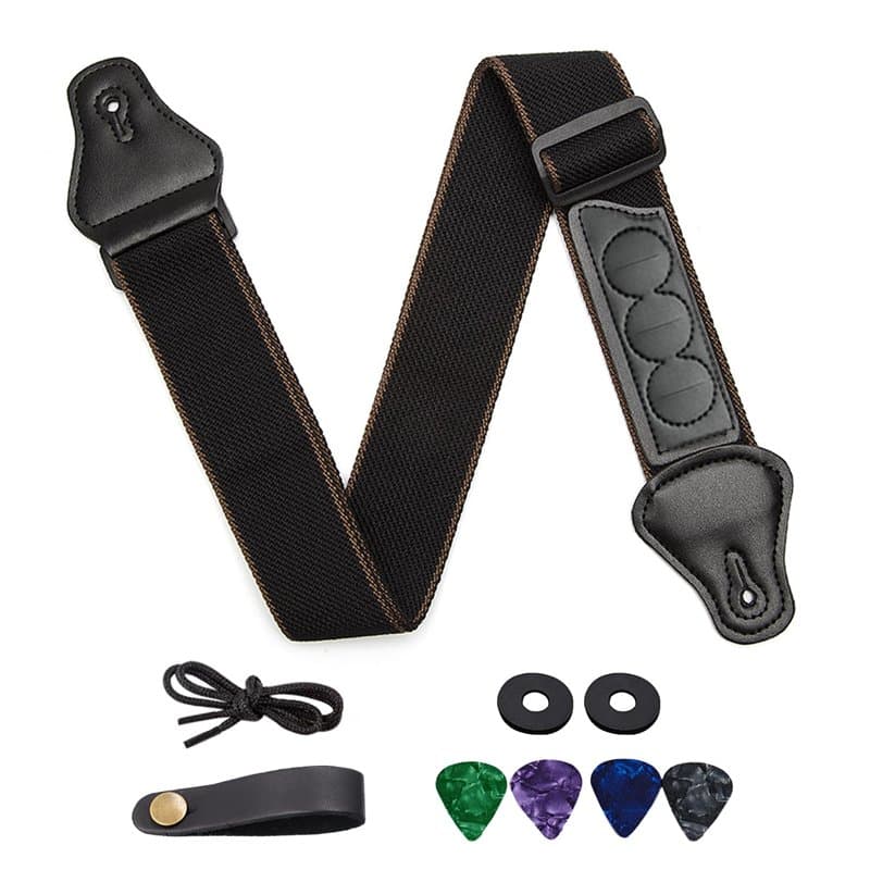 SYEYCW Noir Sangle de Guitare, Coton Tissée Sangle Guitare, avec 4 Médiators, 2 Verrous de Sangle en Caoutchouc et Adaptateur de