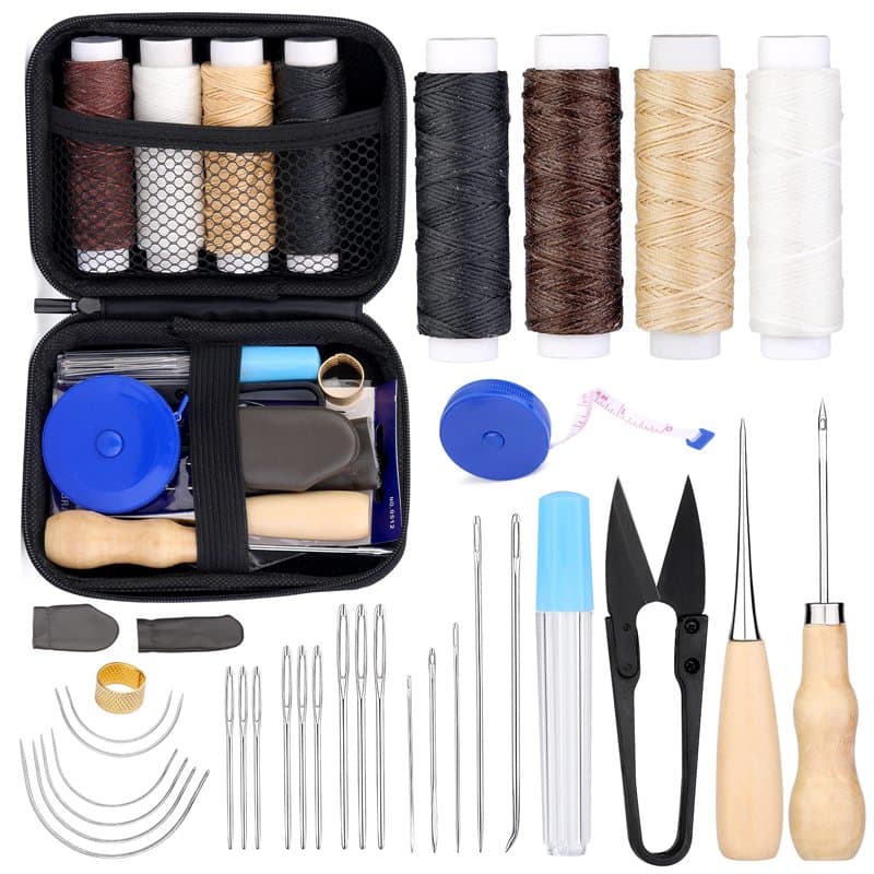 Kit de couture pour cuir - Fil ciré avec aiguille en cuir - Aiguille à coudre, ciseaux à fil, ruban à mesurer et sac de rangemen
