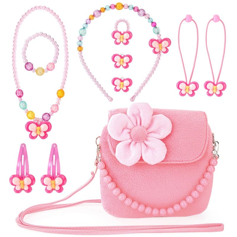 Sac a Main Bijoux Enfants Fille, Pinces à Cheveux Set Arc-en-Ciel Collier Bracelet Boucle d'oreille Bagues, Floral Sac en Peluch