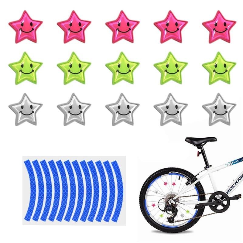 PFLYPF Lot de 15 clips colorés pour rayons de vélo, étoiles avec réflecteurs, accessoires de sécurité de vélo, clips de décorati