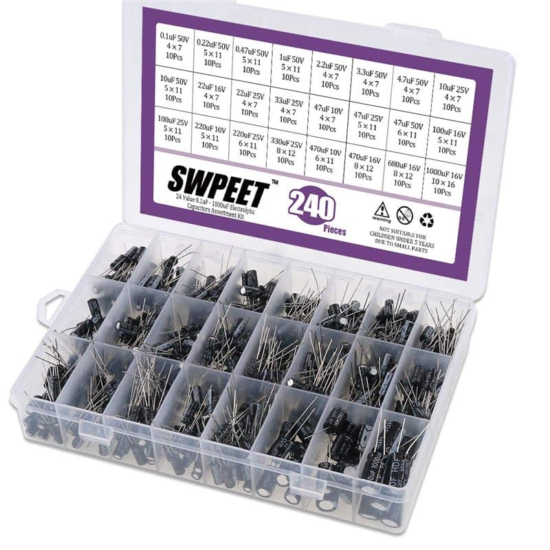 Swpeet Lot de 240 condensateurs électrolytiques de 24 types différents, gamme 0,1 uF-1000 uF, assortiment de condensateurs élect