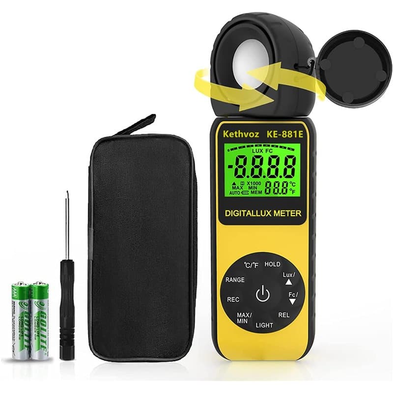 Luxmètre Numérique, Kethvoz 0,1-300,000Lux Light Meter avec Capteur Rotatif à 270° & Thermomètre (Commutable℃/℉), lluminomètre P