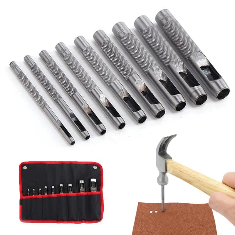 Bztzhm 9 Pièces Lot de poinçons pour cuir, Creux Poinçon en Cuir, Creux en Acier Rond Set, Poinçon Creux, Cuir Creux en Acie, po