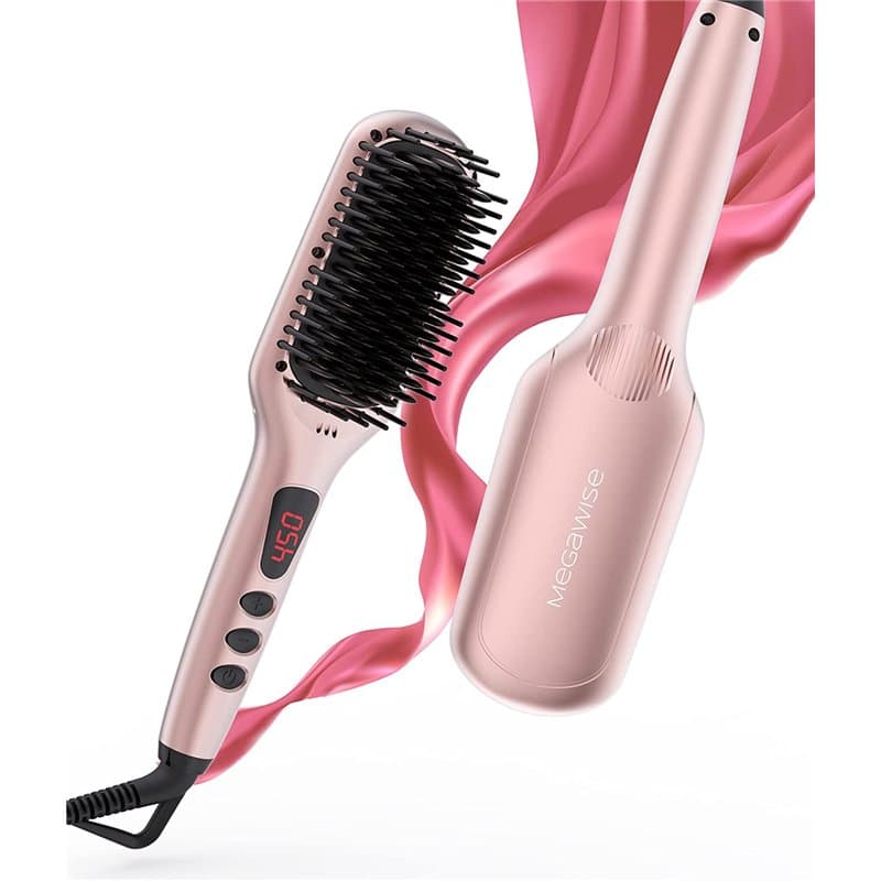 Lisseur à cheveux Megawise (2025) avec brosse en céramique ; Fer plat double tension anti-brûlure | Cordon rotatif | Arrêt autom