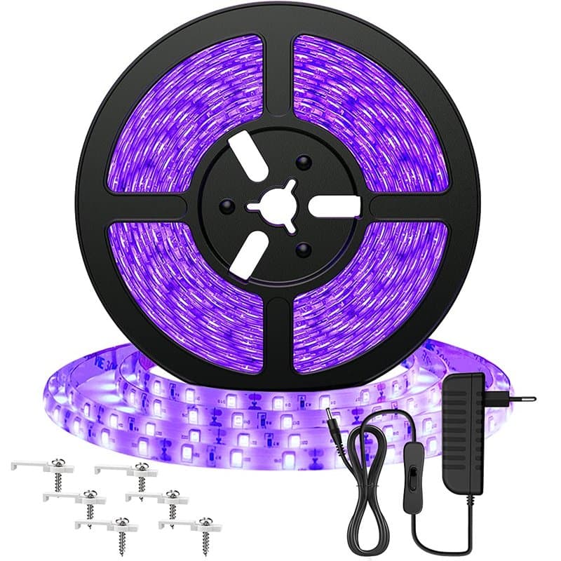 Onforu 5M UV Ruban LED, Bande LED Lumière Noire, 12 V 2835 Bandeau LED Lumière Violette, 300 LEDs Ultraviolet Eclairage Ambiance
