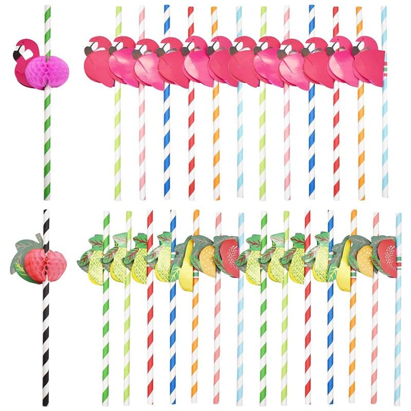 Cocktail Pailles,RoadLoo 100 Pièces Papier Cocktail Pailles Papier Réutilisables Ananas Pailles Flamingo Pailles Décorations de