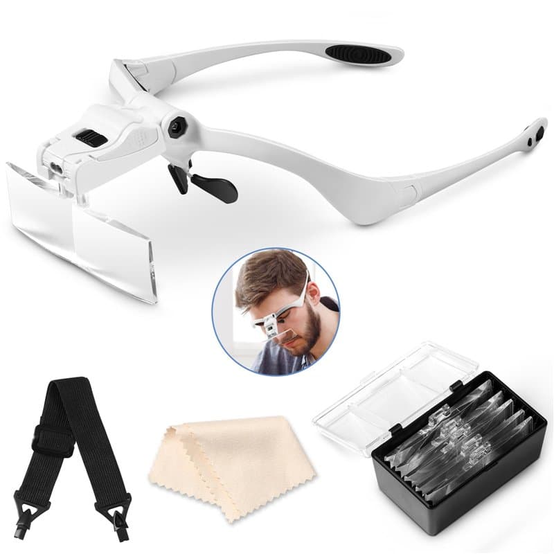 Vinabo Loupe Serre-Tête avec Lumière LED, Loupe De Tête avec - 5 Lentilles Détachables(1.0X 1.5X 2.0X 2.5X 3.5X), pour Tous Les