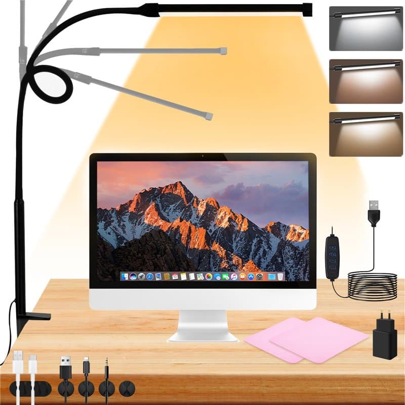UCAMP Lampe de Bureau LED Puissante avec Clip,Lampe Pince,Lampe de Table LED,Lampe de Bureau à Intensité Variable 3 Couleurs,10