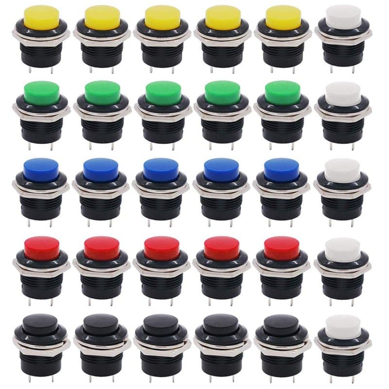 QitinDasen 30Pcs Premium 16mm Interrupteur à Bouton-Poussoir Momentané à 2 Broches, Interrupteur à Bouton-Poussoiren en Plastiqu