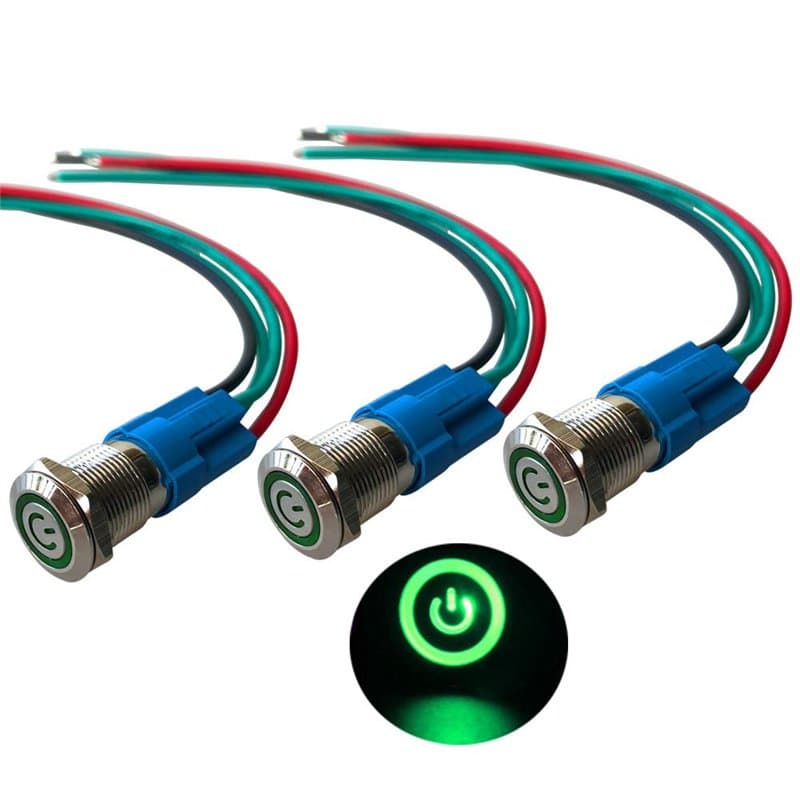 QitinDasen 3Pcs Premium 12V / 24V 3A Interrupteur à Bouton-Poussoir Auto-Bloquant, Commutateur Bouton-Poussoir 12mm, Vert LED In