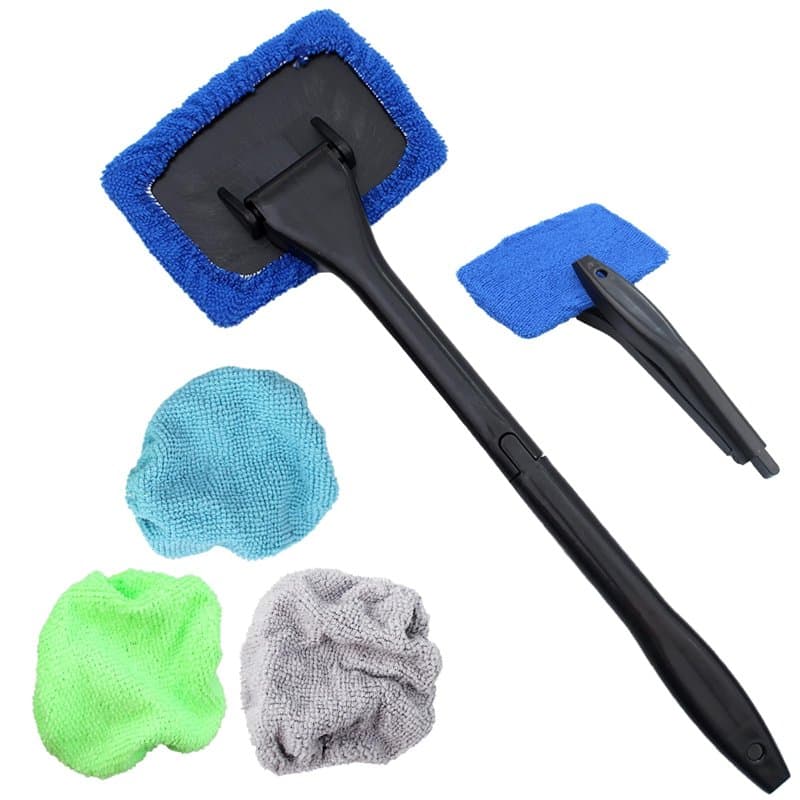 1PC Brosse De Nettoyage De Pare,Avec 4 Tampons en Microfibre Réutilisables,Nettoyeur Vitre Voiture Nettoyant à Manche Télescopiq
