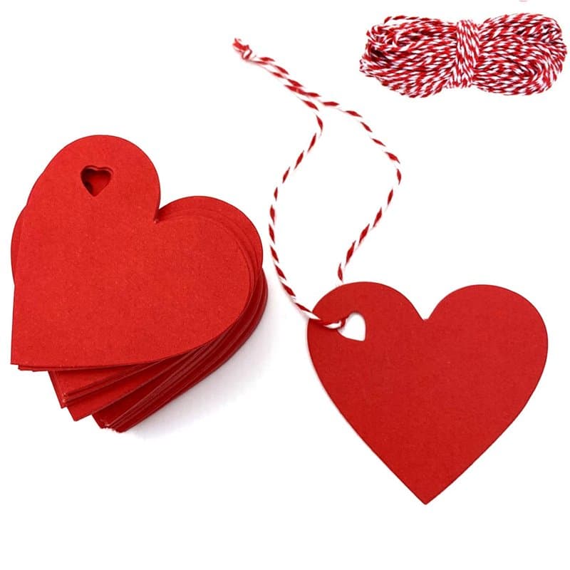 Lot de 100 étiquettes cadeaux en forme de cœur avec cordon de 10 m, étiquettes en papier kraft, adaptées pour la Saint-Valentin,