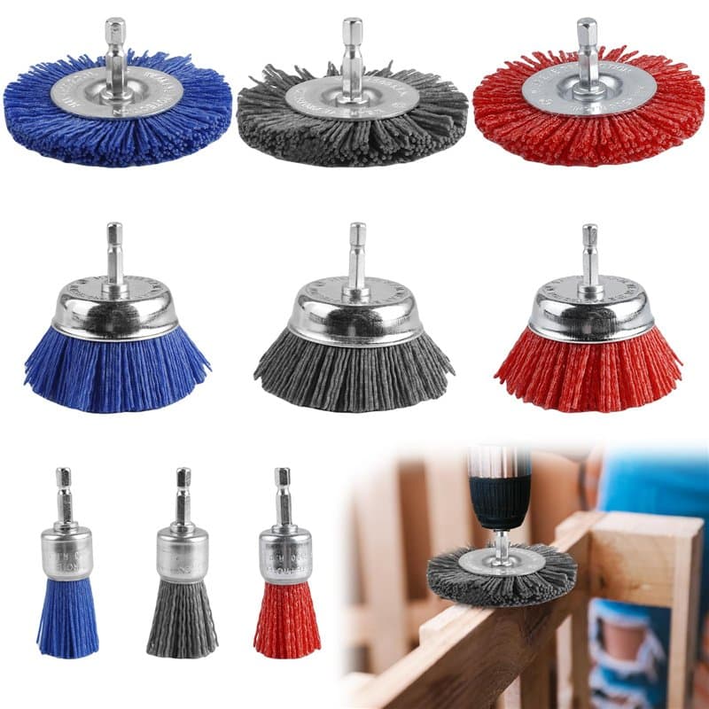 Lot de 9 brosses à pot en fil de nylon, 3 tailles, brosse en nylon avec tige hexagonale de 1/4", embout de ponçage en nylon pour