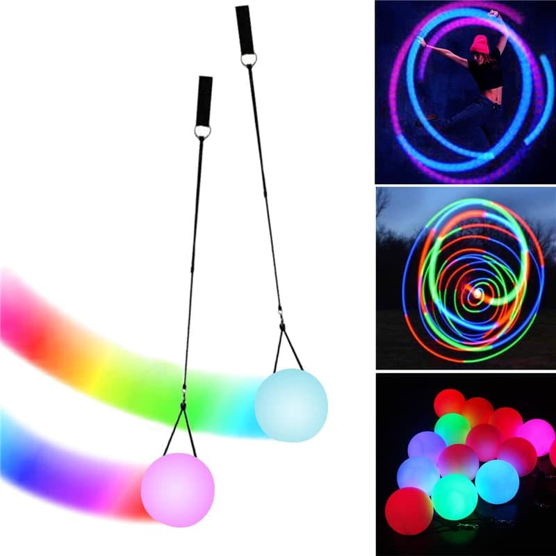 Lot de 2 balles de poï LED lumineuses avec couleurs arc-en-ciel et effet stroboscopique, pour débutants et professionnels, balle