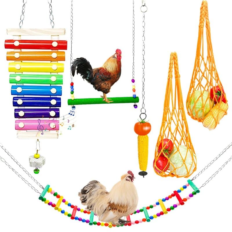 Lot de 6 jouets pour poulailler, Xylophone de poulet avec pierre à meuler, balançoire flexible, sac à légumes, brochettes de lég