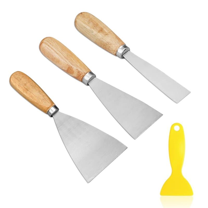 3 outils de grattoir remplis de mastic, 1 petit grattoir jaune, grattoir à papier peint avec manche en bois massif (1, 2, 3 pouc