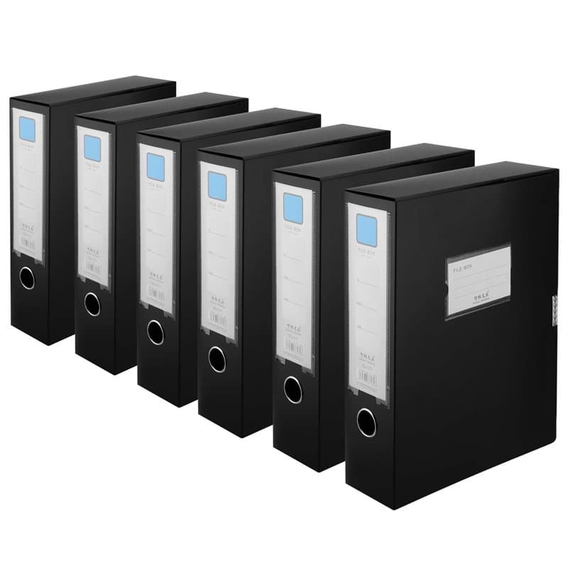 PINGEUI Lot de 6 boîtes de classement A4, 75 mm, en plastique noir, capacité de 700 feuilles, couverture en plastique, organiseu