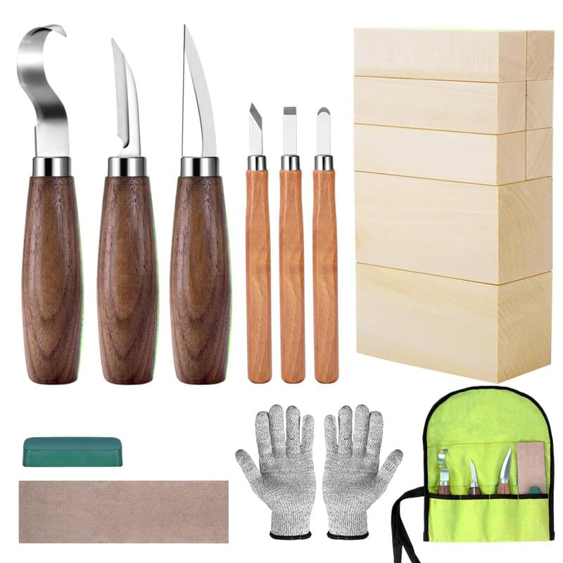 Set de couteaux à sculpter avec blocs de bois, set de sculpture sur bois pour adultes et enfants débutants, set comprenant 6 cou