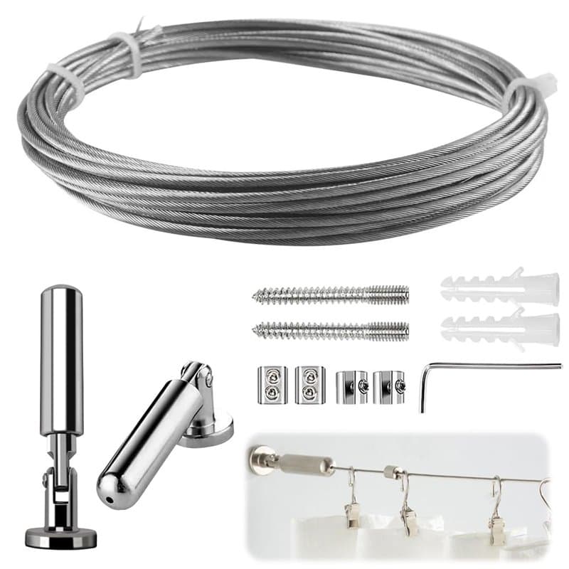mizikuu 5m Tringle à Rideaux Kit, Câble en Acier pour Rideau Fil de Suspension pour Photo Fil de Suspension en Acier Inoxydable