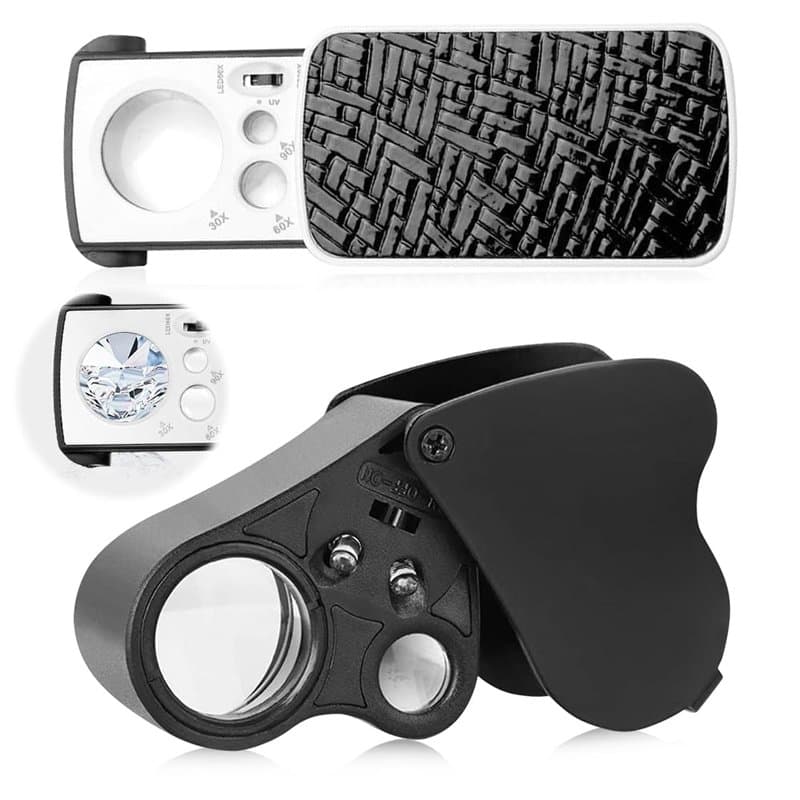 mizikuu 2 Pièces Loupe de Bijoutier, 30X 60X 90X Loupe de Poche Pliable Loupe Yeux Bijoutiers Illuminée avec LED et UV Lampes po