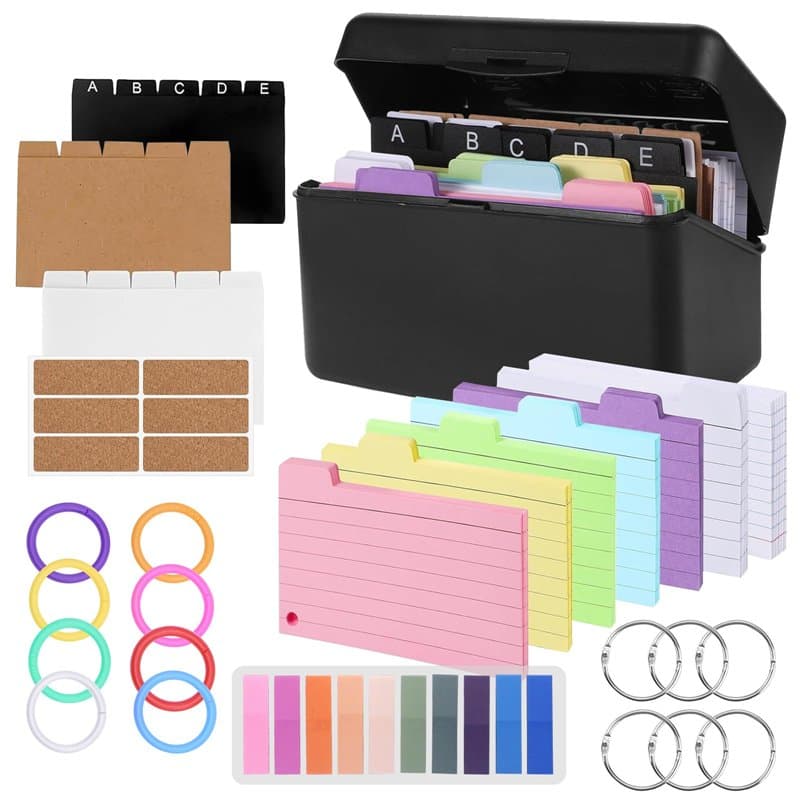 EOPUOZS Kit de Boîtes à Fiches avec Étui Noir pour Cartes de Révision, 230 Fiches Adhésives, 15 Fiches Bristol, 15 Anneaux de Cl