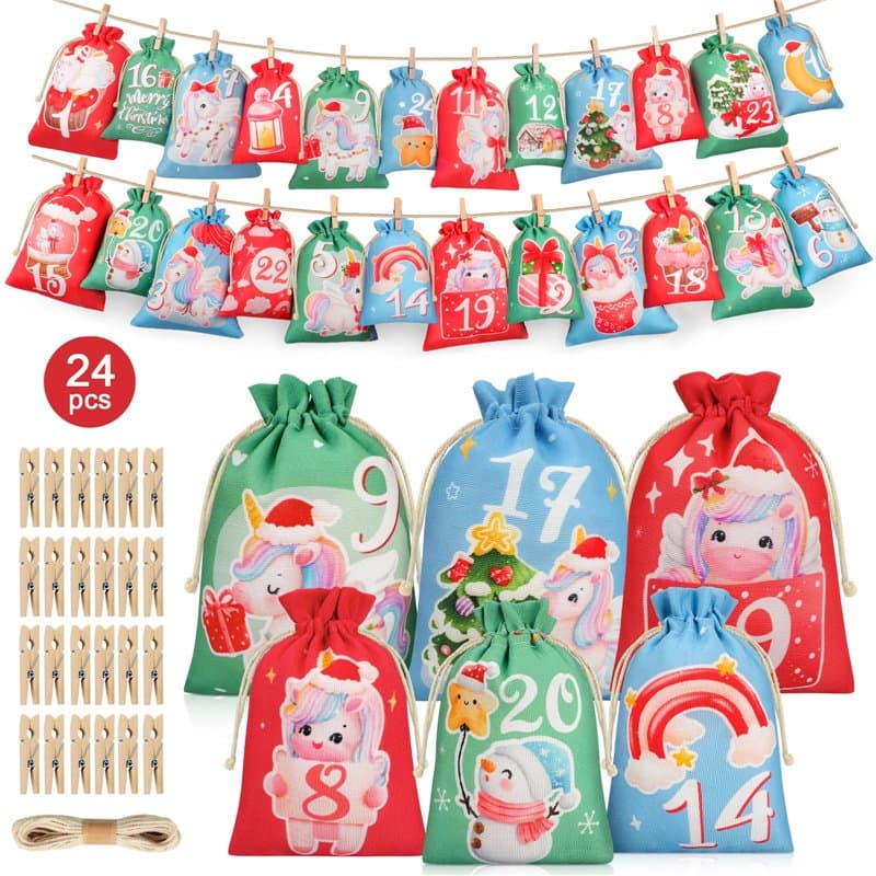 WUQNGI Calendrier de L'avent a Remplir de Noël 24 Pièces,Calendrier de L'avent à Remplir Soi-Même 2024,Diy Sac Calendrier de L'a