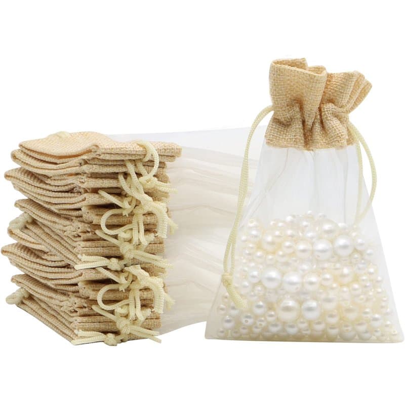 VEGCOO Sachet Organza Jute, 24 Pièces 10×15 cm Sachets en Organza Cadeau avec Cordon de Serrage Réutilisable pour Mariage, Bijou