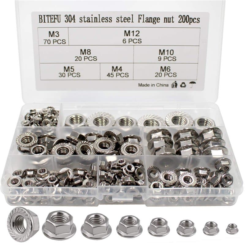BITEFU 200pcs Écrous de Blocage Héxagonal à Écrou à Collerette Écrous à Émbase Acier Inox 304 M3 M4 M5 M6 M8 M10 M12 Kit d'assor