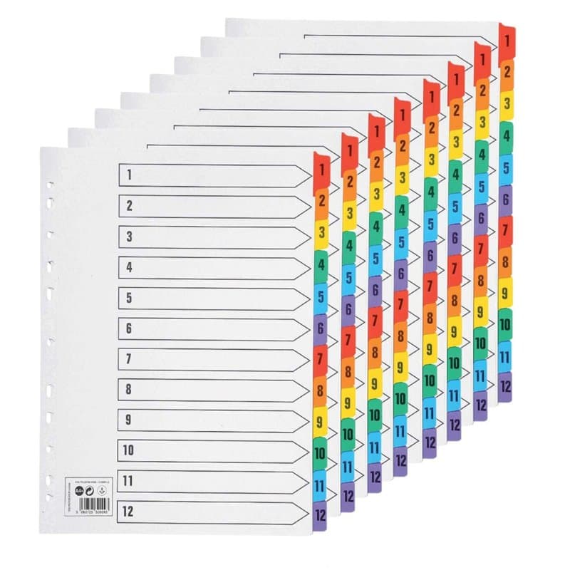 KAHEIGN 10Pcs Intercalaires A4, 1-12 Numéro de Pièce Diviseurs de Sujet A4 avec Onglets de Couleur Renforcés Perforés à 11 Trous