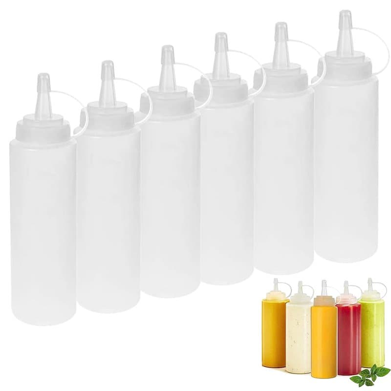 Condiments Squeeze Bouteilles, 6 pcs 8 oz Bouteille à Sauce avec Capuchon, Flacons Transparents pour Sauce - Sans BPA, pour la M