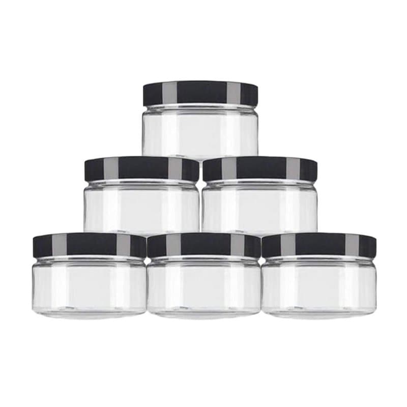 Lot de 6 bocaux vides en plastique transparent à large goulot avec couvercles noirs - 250 ml - Pour maquillage, crème, lotion, f