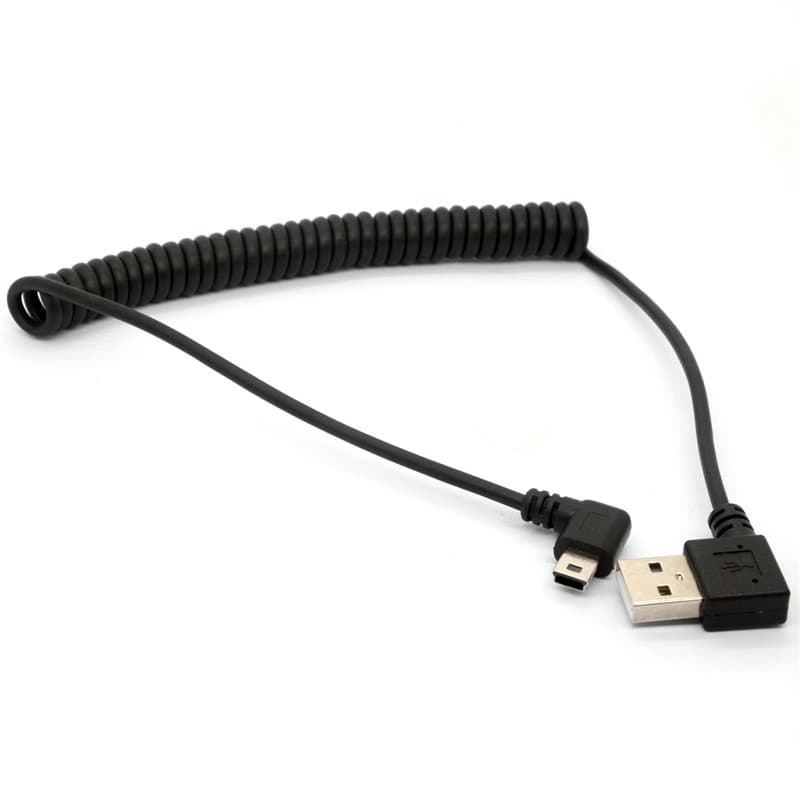 Mini câble USB spiralé à ressort à 90 degrés USB 2.0 vers mini câble USB, chargement à angle droit et adaptateur mini USB Sygn
