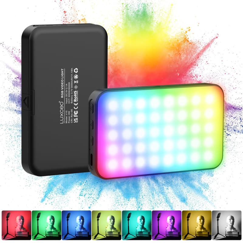 LUXCEO RGB Lampe vidéo LED,Mini Lampe de Caméra Portable CRI 95+,lumière vidéo Dimmable 3000K/6000K, Rechargeable 3000mAh pour v