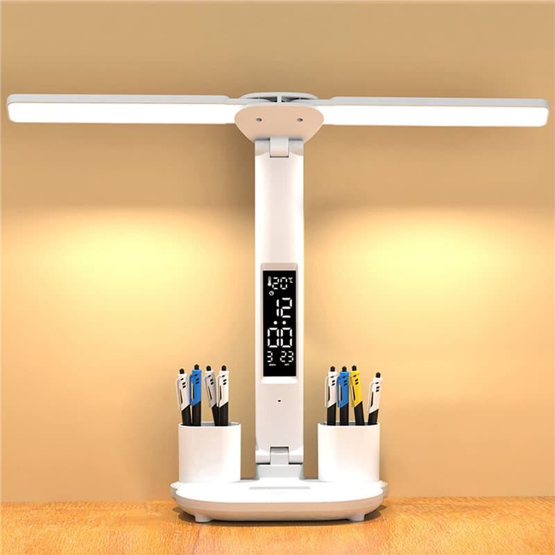 YNDD Lampe de Bureau Sans Fil à LED pour Enfant avec Heure Calendrier Température 2 Porte Stylo, 7W Double Tête Desk Lamp Dimmab