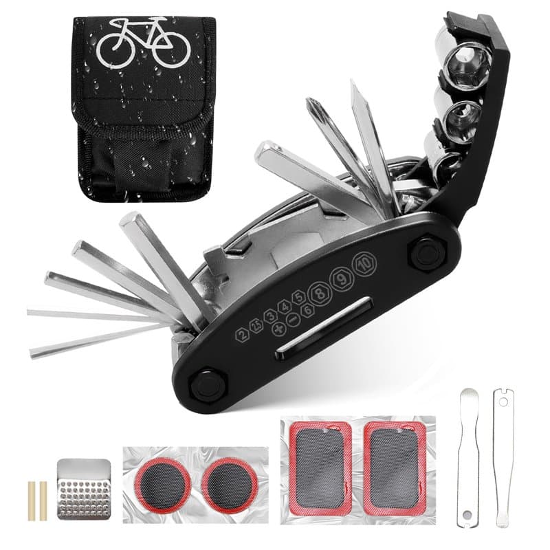 Kit Reparation Vélo Accessoire VTT Trousse à Outils de Réparation Pneu Vélo, 16 en 1 Multitool Multifonctions Outillage Velo Pou