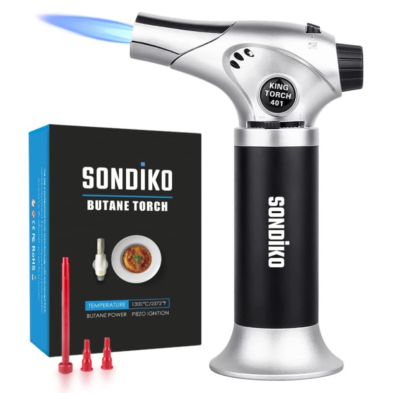 Sondiko Chalumeau de cuisine rechargeable avec serrure de sécurité, brûleur à gaz butane réglable, idéal pour la crème brûlée, l