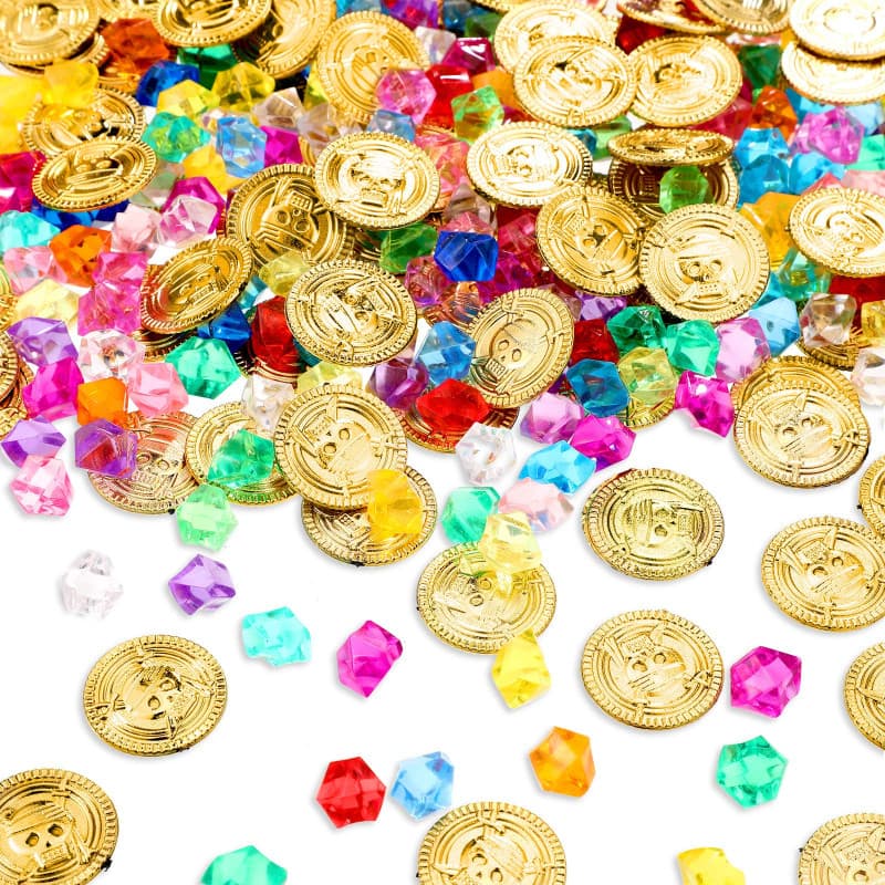 Skylety 200 Pièces Trésor de Pirate 100 Pièces de Pirate 100 Pierres Précieuses de Pirate Pièces d'Or de Pirate Diamant de Pirat