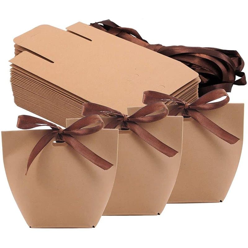 50 Pièces Boîtes à Bonbons en Papier Kraft, Coffret Cadeau Sac en Papier Kraft, Sac en Kraft Avec Ruban, Sac Cadeau en Ruban de