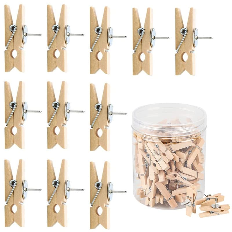 50 Pièces Clips de Punaises, Punaises avec Clips, Punaises Décoratives, en Bois Créatif Poids Léger Durable Pinces en Bois Punai