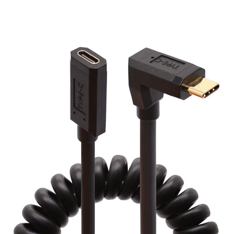 Coild Câble d'extension USB C à 90 degrés avec ressort spiralé, angle de 90 degrés, USB de type C mâle vers femelle, câble d'ext