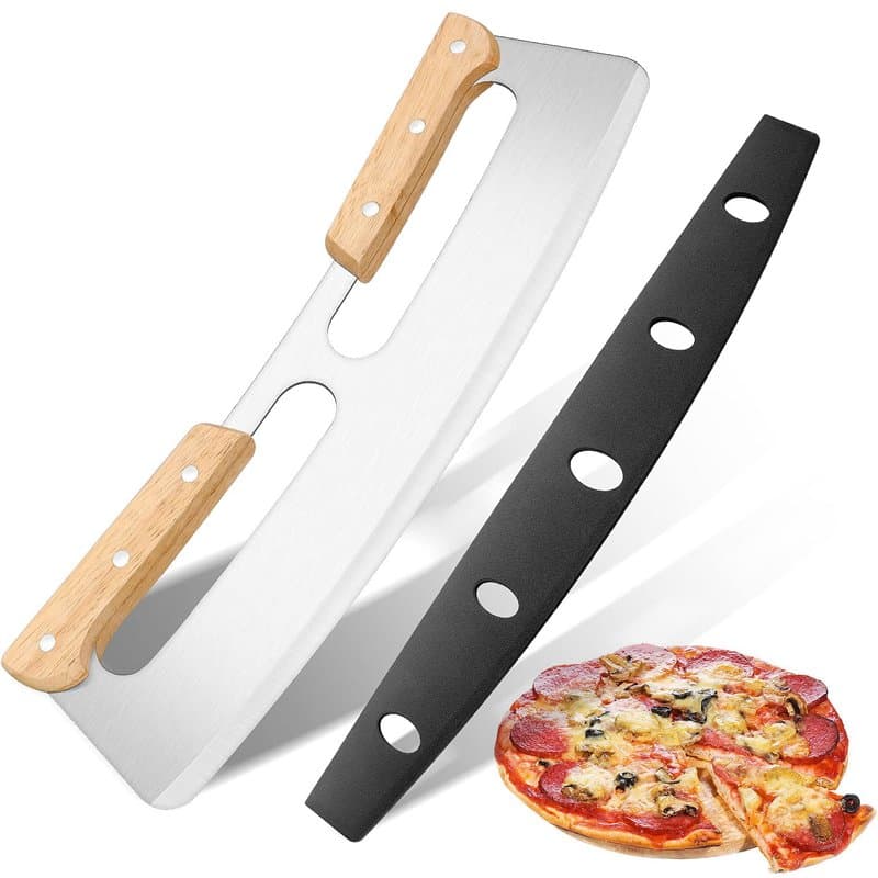 KUONIIY Coupe Pizza 14 Pouces, Coupe-Pizza à Bascule avec Double Manche en Bois, Lame de Trancheuse à Pizza en Acier Inoxydable