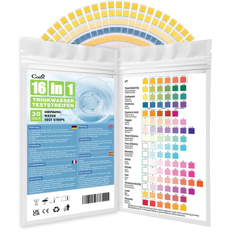 Bandelettes de Test d'Eau Potable 16-en-1, 30 Pièces, Test de pH, Chlore, Dureté et Plus