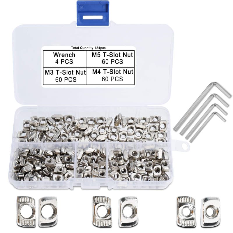 QIMEI-SHOP T Nuts Écrous en T M3 M4 M5 T-Slot Nuts Assortiment Kit en Acier au Carbone Nickelé avec 4 Clés Allen pour 20 Séries