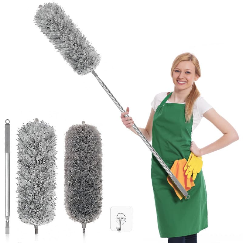 Plumeau Telescopique, Balai à Poussière Extensible avec Tige Télescopique, Tete de Loup Longueur 75-250cm,Plumeau Lavable Microf