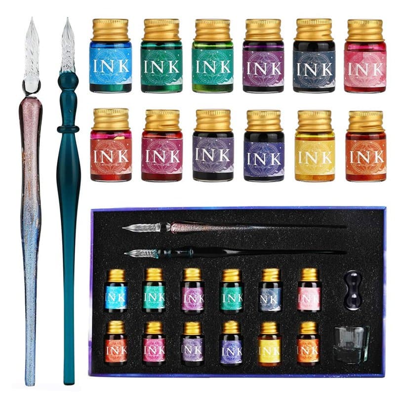 GC Ensemble de stylos en verre - 2 stylos, 12 encres multicolores, 1 porte-stylo et 1 tasse de nettoyage - pour signatures, call